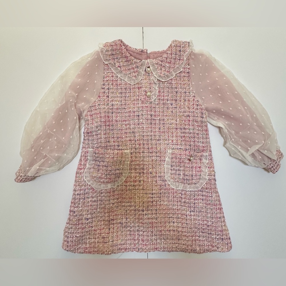 Girls’ Sheer long Sleeved Pink Tweed Dress - Size 6
